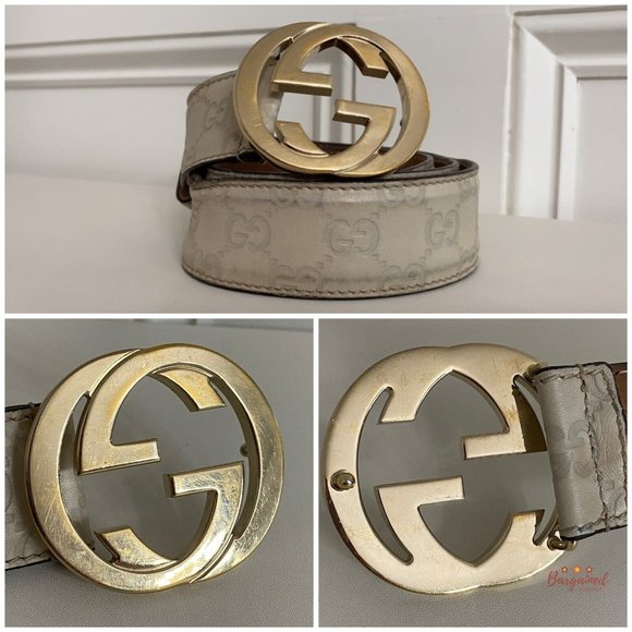 Authentic Gucci Cream Guccissima Leather Gold Interlocking G Buckle Belt 85/34 - Picture 2 of 13